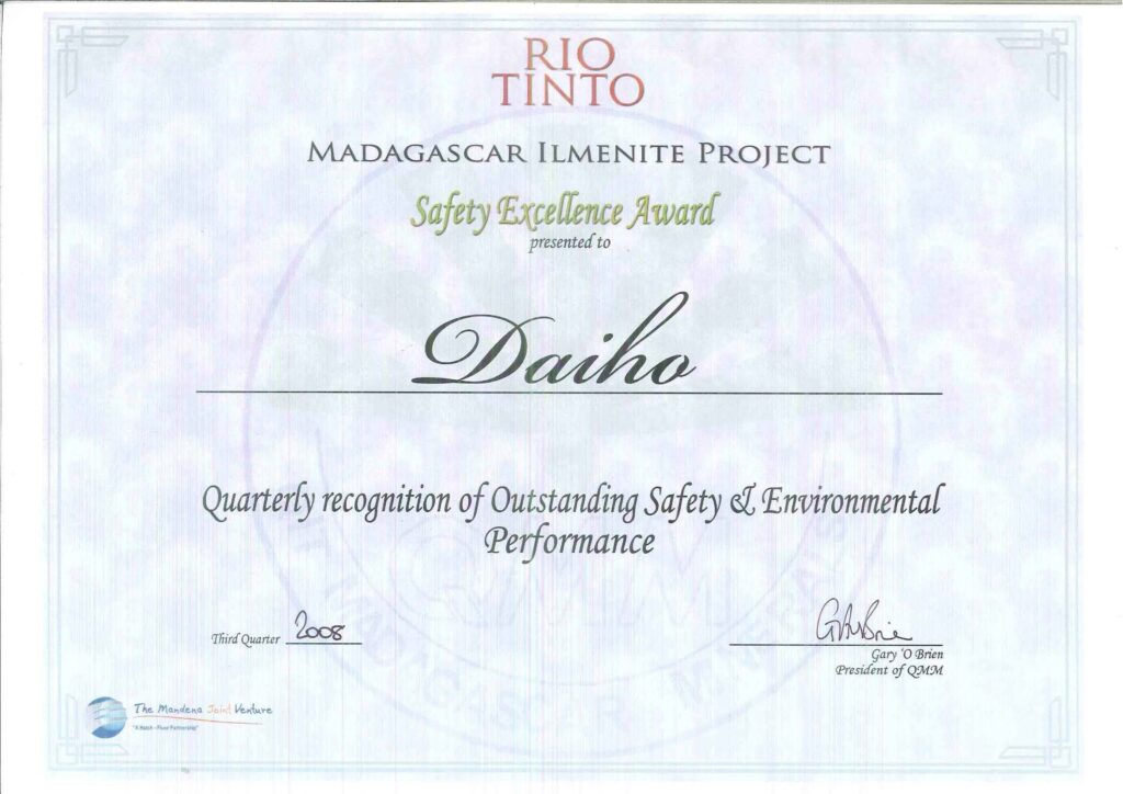 RIO TINTO, Employer of Ehoala Port Project granted us the Safety Excellence Awards Certificate and Trophy to commmorate quarterly recognition of outstnding safety & environmental performance.